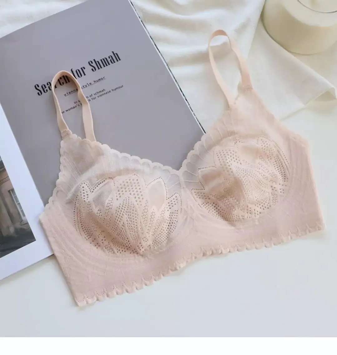 Summer lightweight seamless breathable underwear big chest small comfortable push up breast collection without steel ring lace latex bra — feature 34