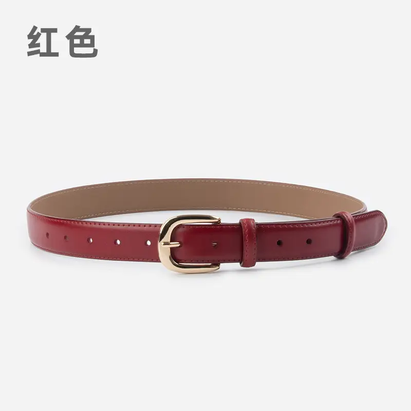Women's Red Leather Belt with Gold Buckle - Image 2