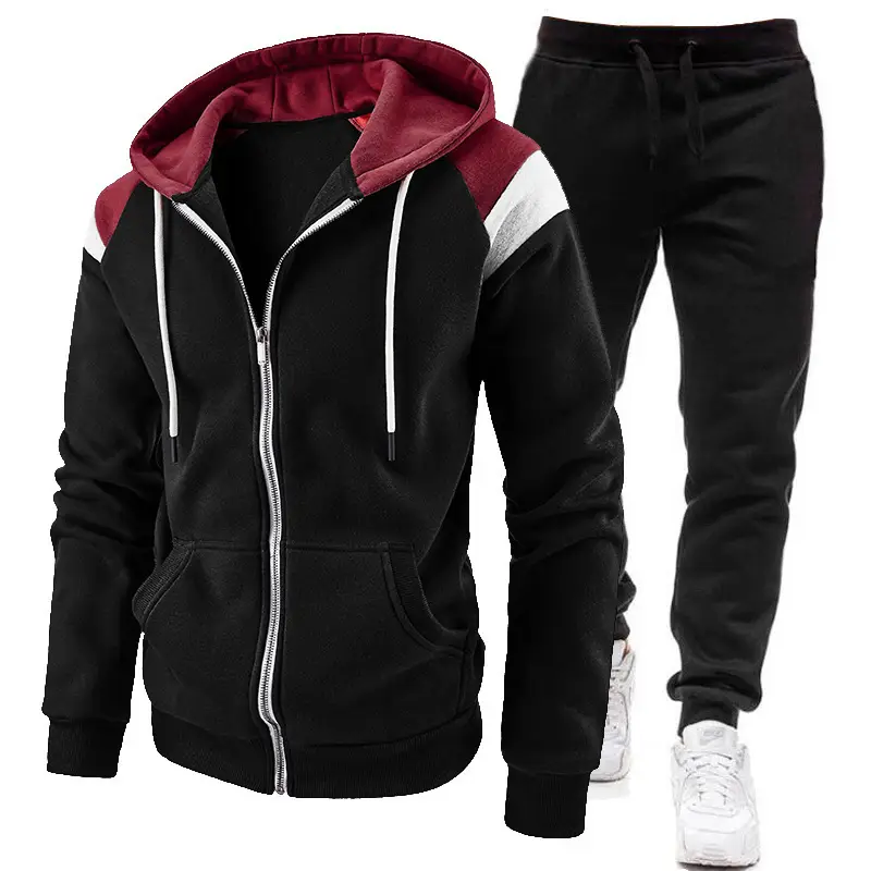 Men Black Zipper Hoodie Sweat Suit Spring Autumn 2Pc - Image 21