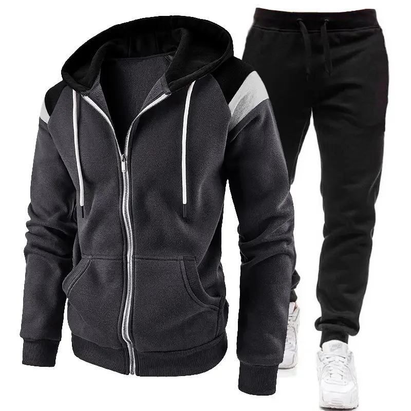 Men Black Zipper Hoodie Sweat Suit Spring Autumn 2Pc - Image 17