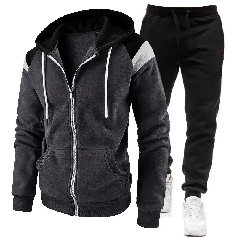 Men Black Zipper Hoodie Sweat Suit Spring Autumn 2Pc — feature 3