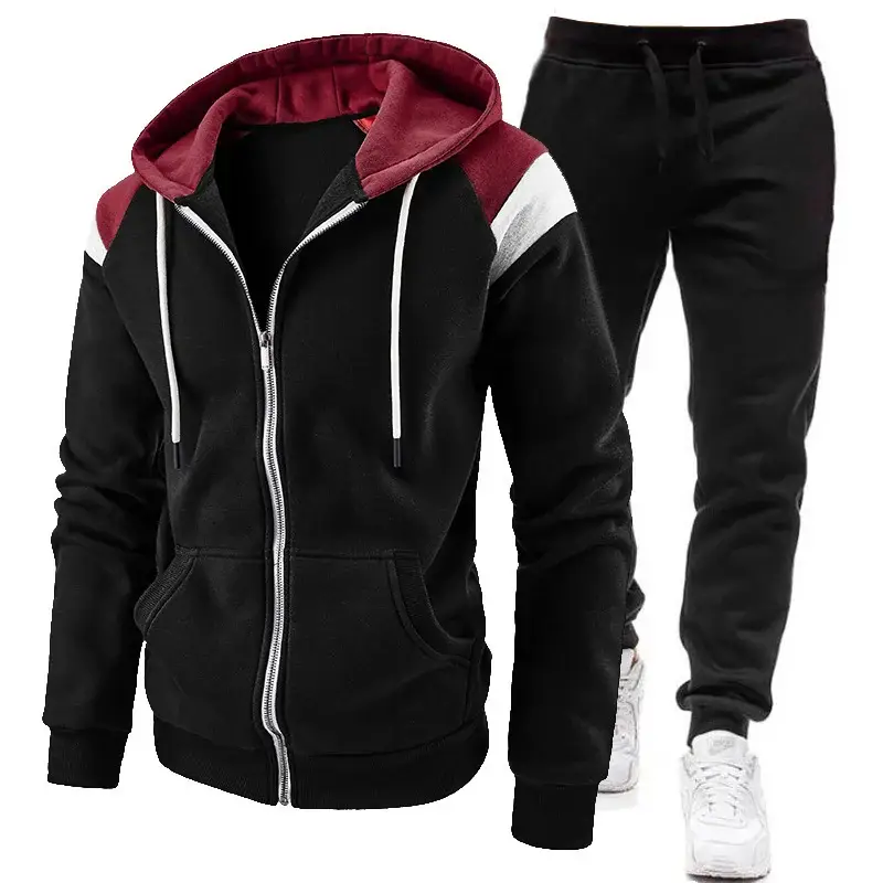 Men Black Zipper Hoodie Sweat Suit Spring Autumn 2Pc — feature 4