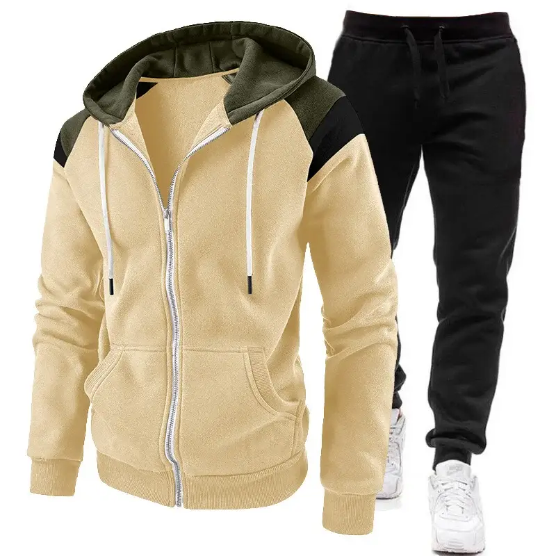 Men Black Zipper Hoodie Sweat Suit Spring Autumn 2Pc — feature 7