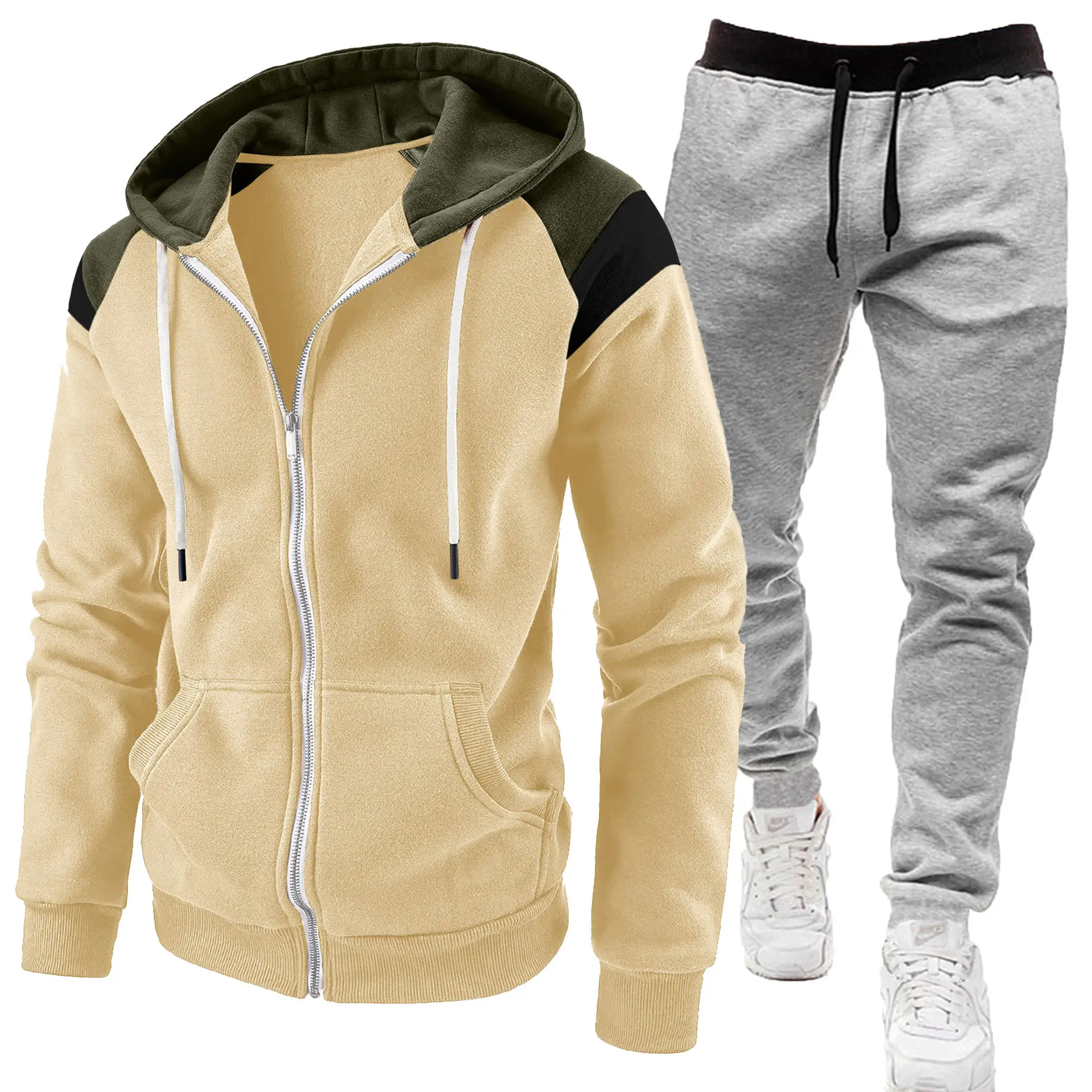 Men Black Zipper Hoodie Sweat Suit Spring Autumn 2Pc - Image 10