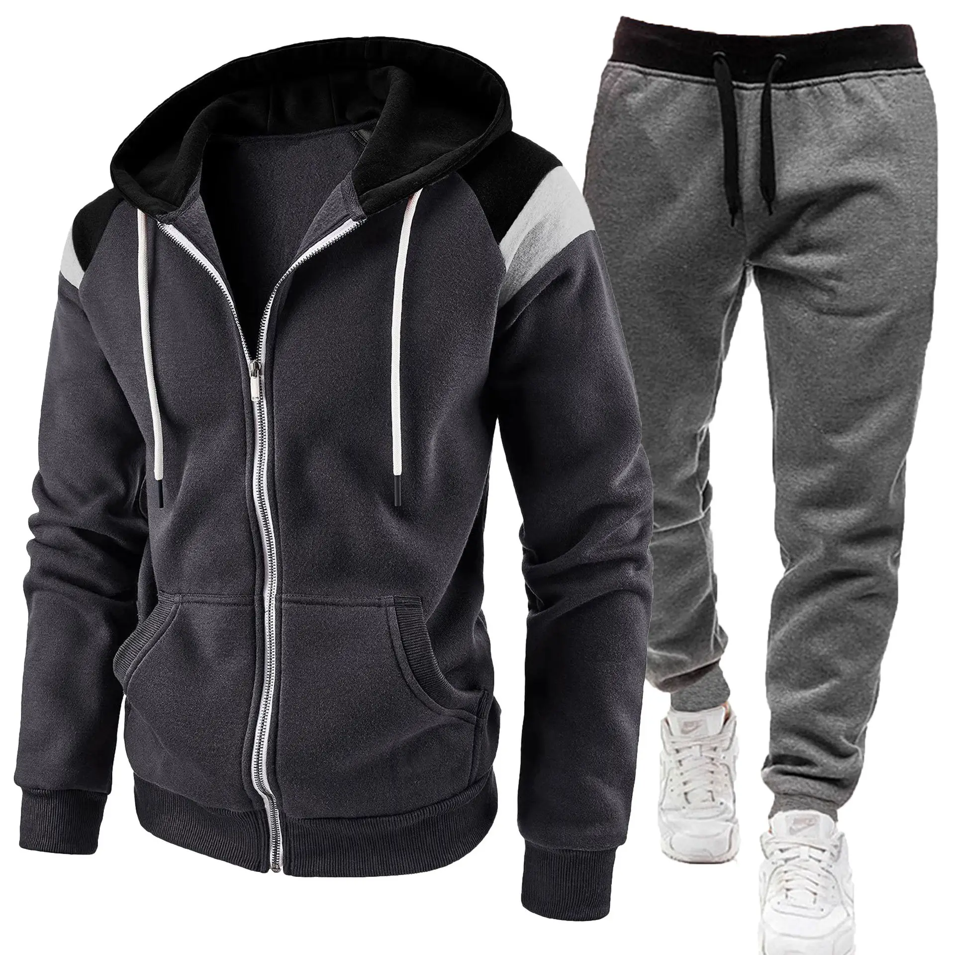 Men Black Zipper Hoodie Sweat Suit Spring Autumn 2Pc - Image 11