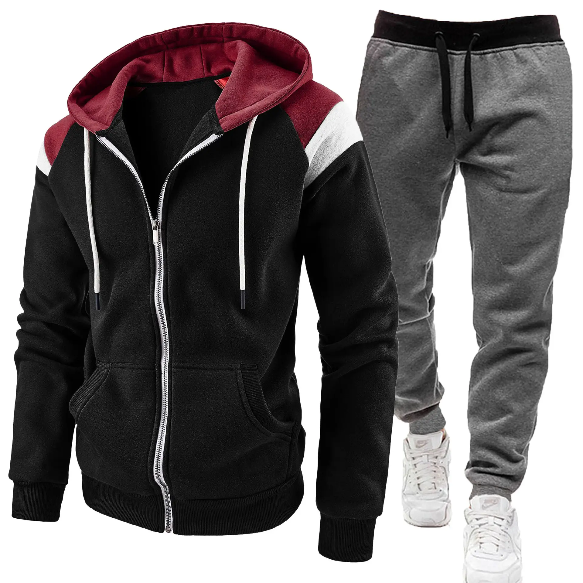 Men Black Zipper Hoodie Sweat Suit Spring Autumn 2Pc - Image 12