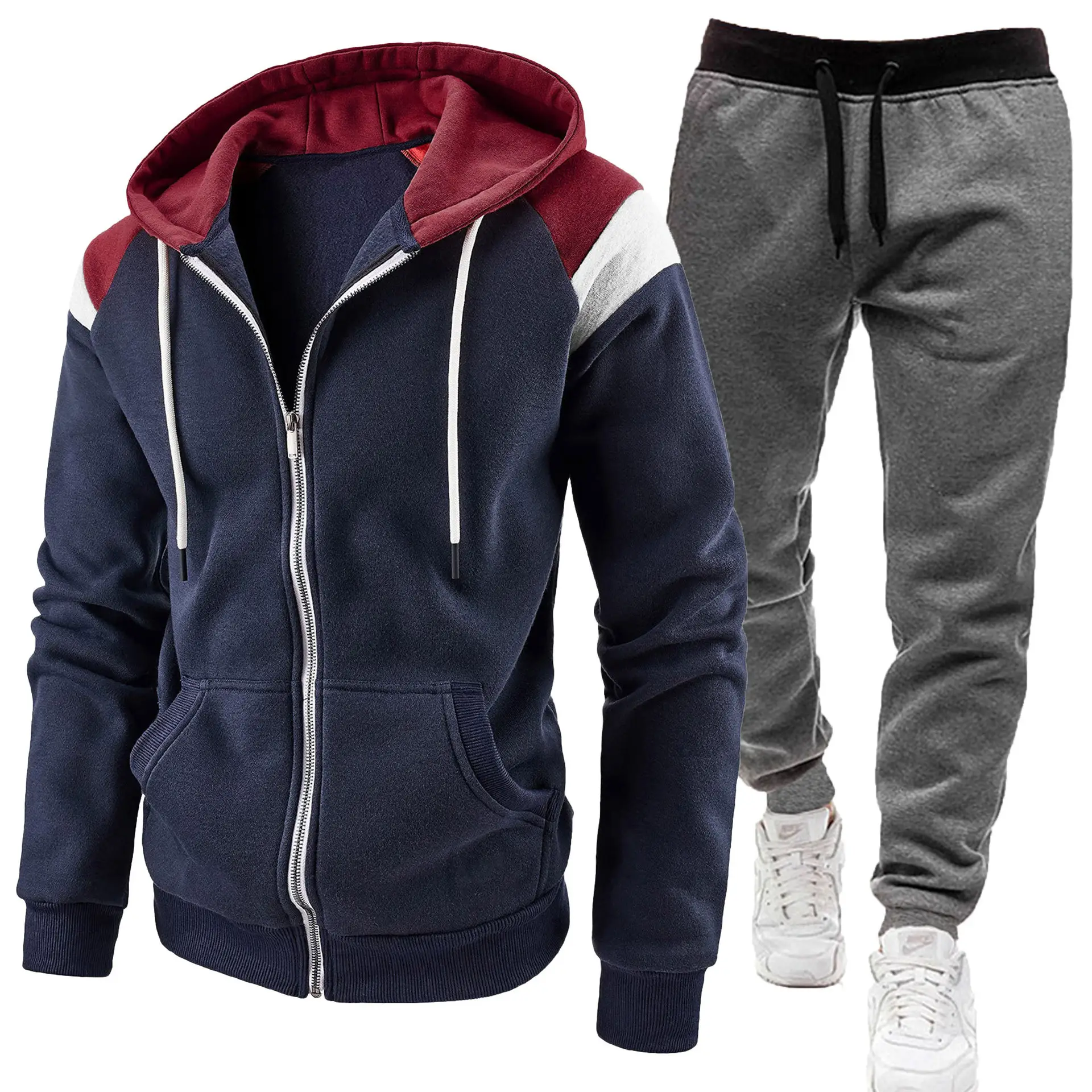 Men Black Zipper Hoodie Sweat Suit Spring Autumn 2Pc - Image 13
