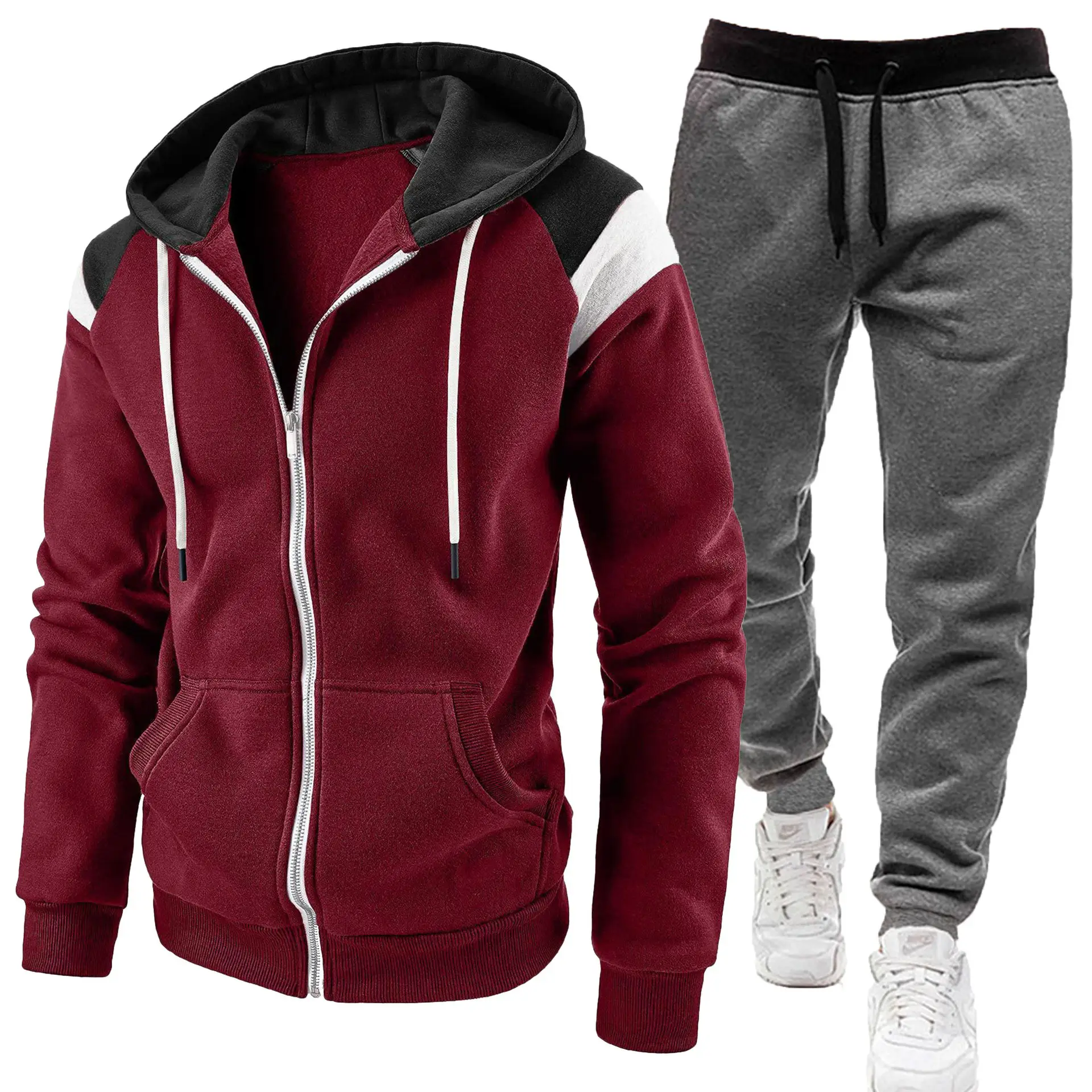 Men Black Zipper Hoodie Sweat Suit Spring Autumn 2Pc - Image 14