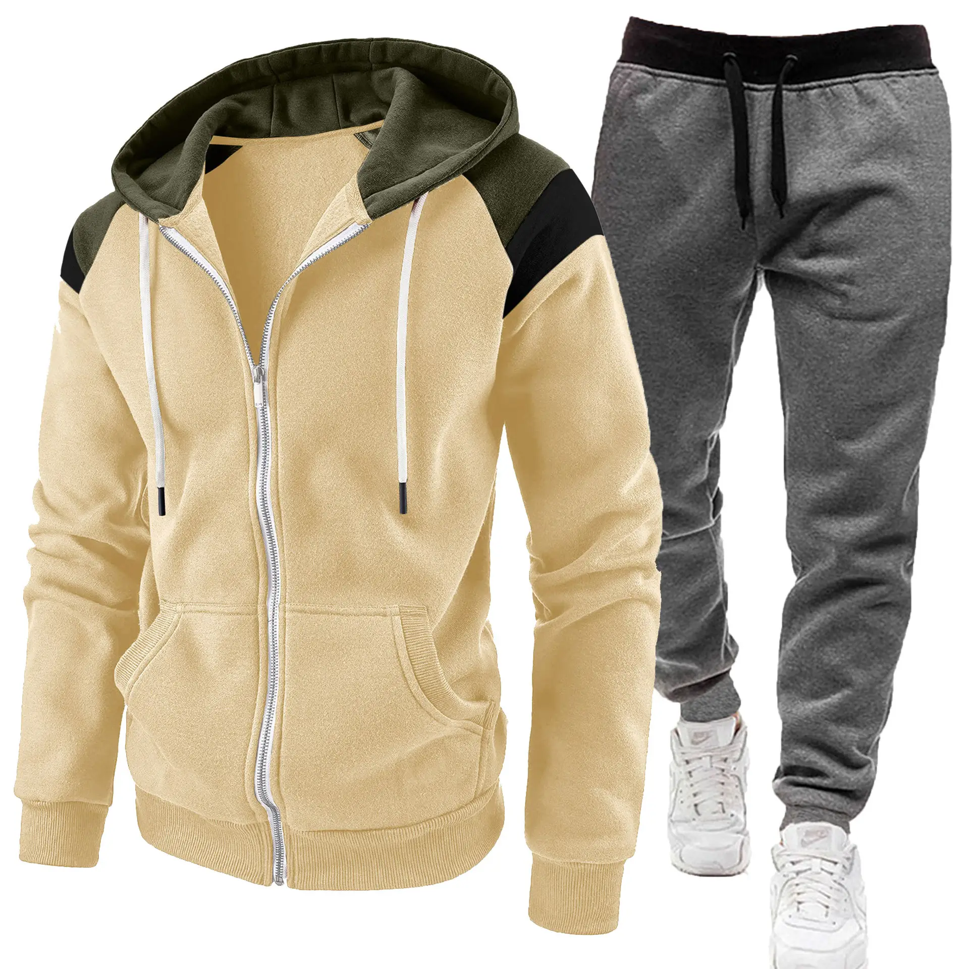 Men Black Zipper Hoodie Sweat Suit Spring Autumn 2Pc - Image 15