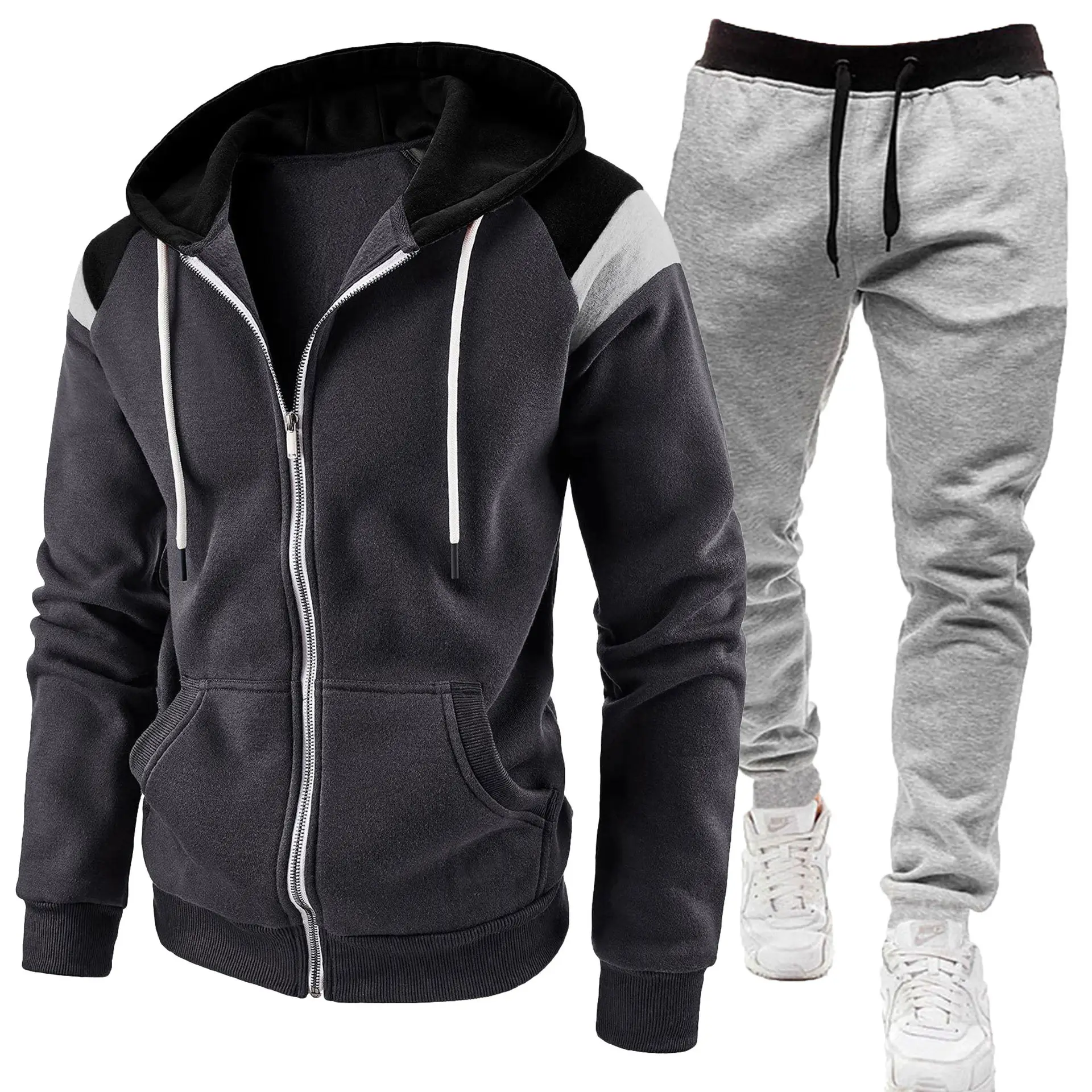 Men Black Zipper Hoodie Sweat Suit Spring Autumn 2Pc - Image 6