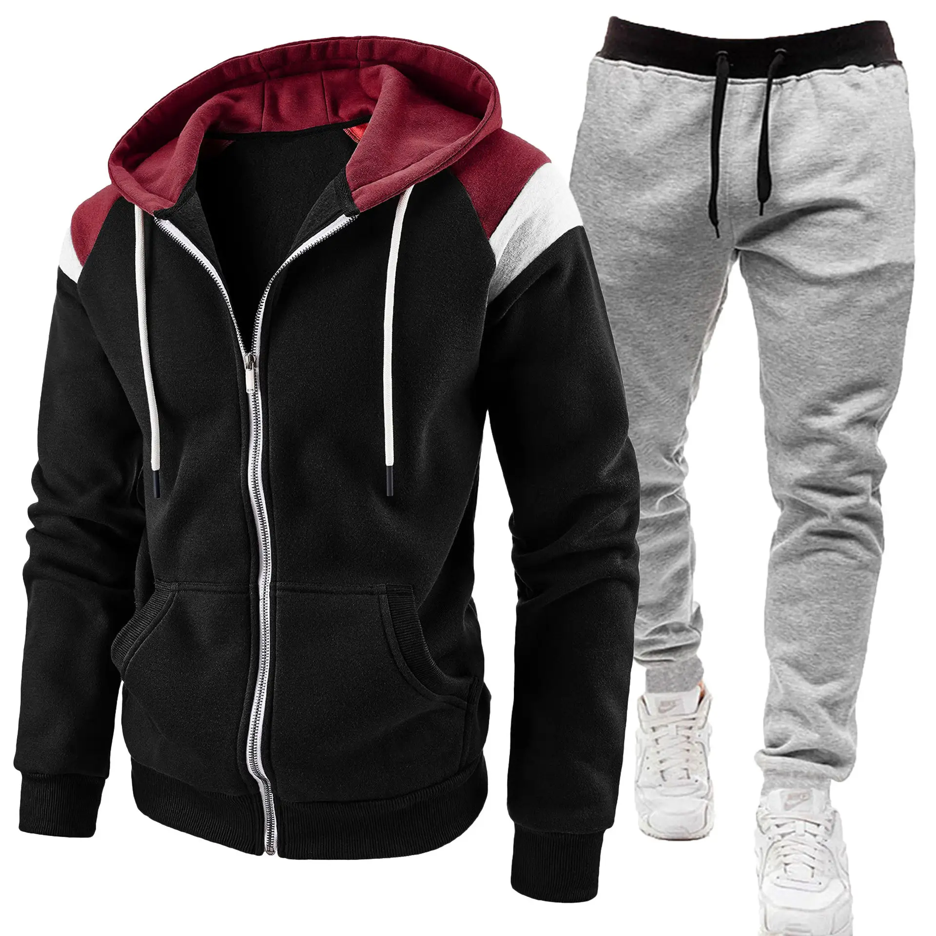 Men Black Zipper Hoodie Sweat Suit Spring Autumn 2Pc - Image 7