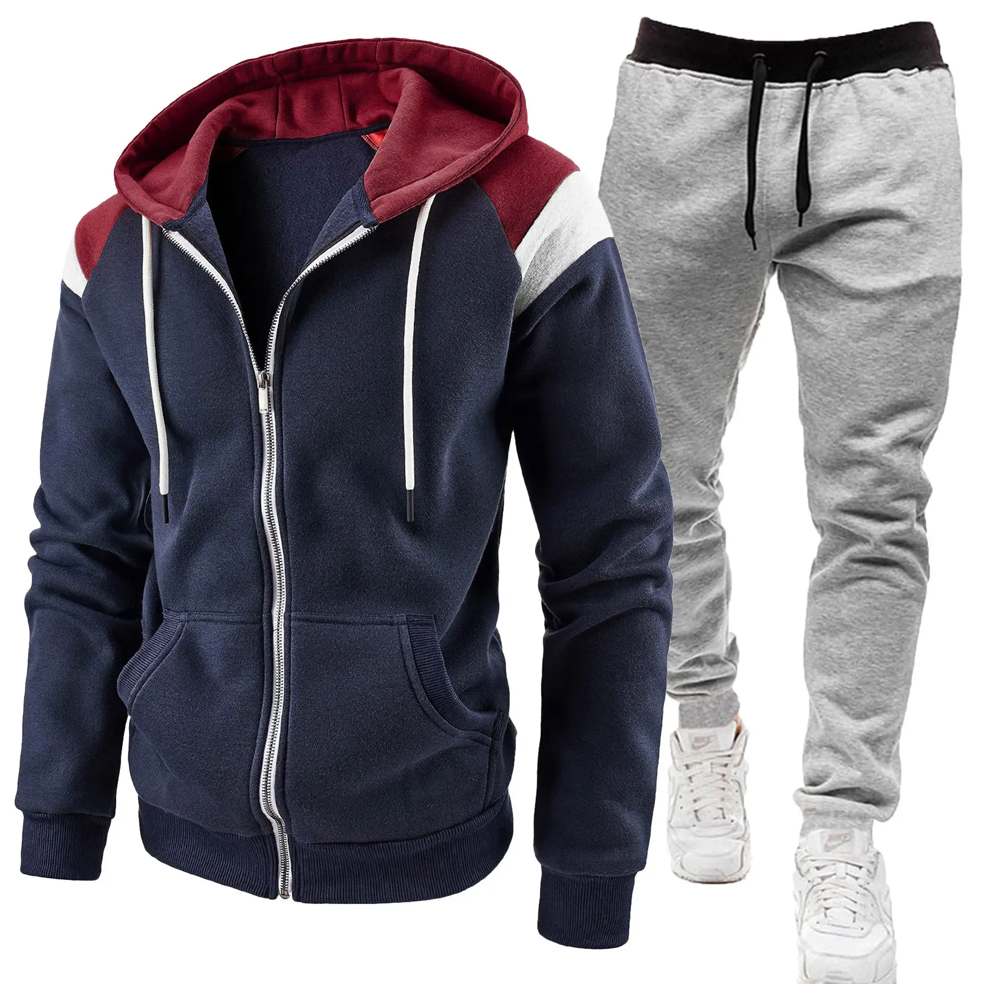 Men Black Zipper Hoodie Sweat Suit Spring Autumn 2Pc - Image 8