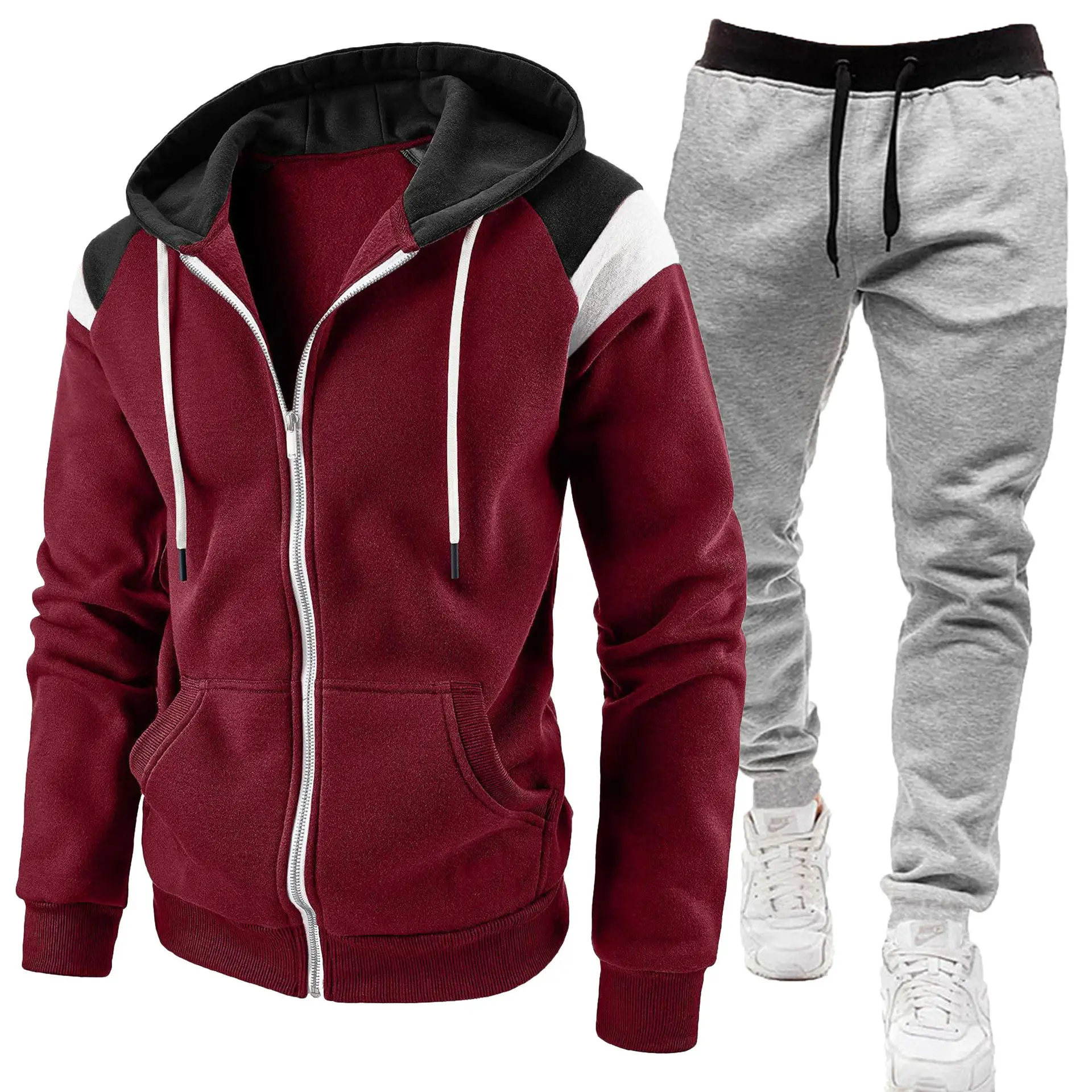 Men Black Zipper Hoodie Sweat Suit Spring Autumn 2Pc - Image 9