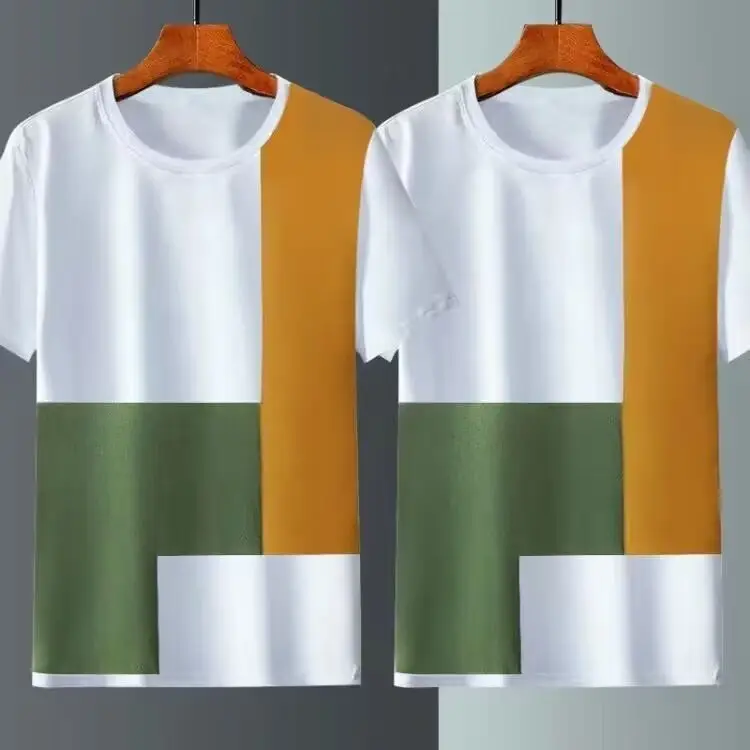 Men Ice Silk T-Shirt Black Green Orange Striped