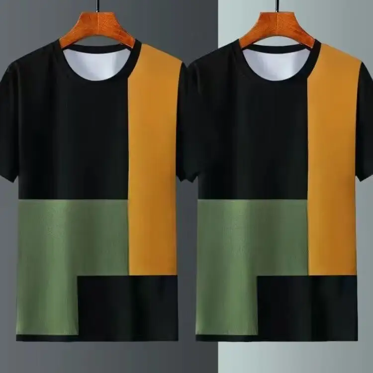 Men Ice Silk T-Shirt Black Green Orange Striped