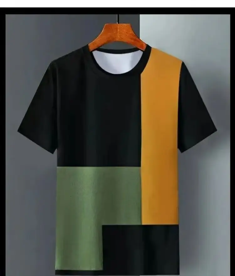 Men Ice Silk T-Shirt Black Green Orange Striped — feature 9