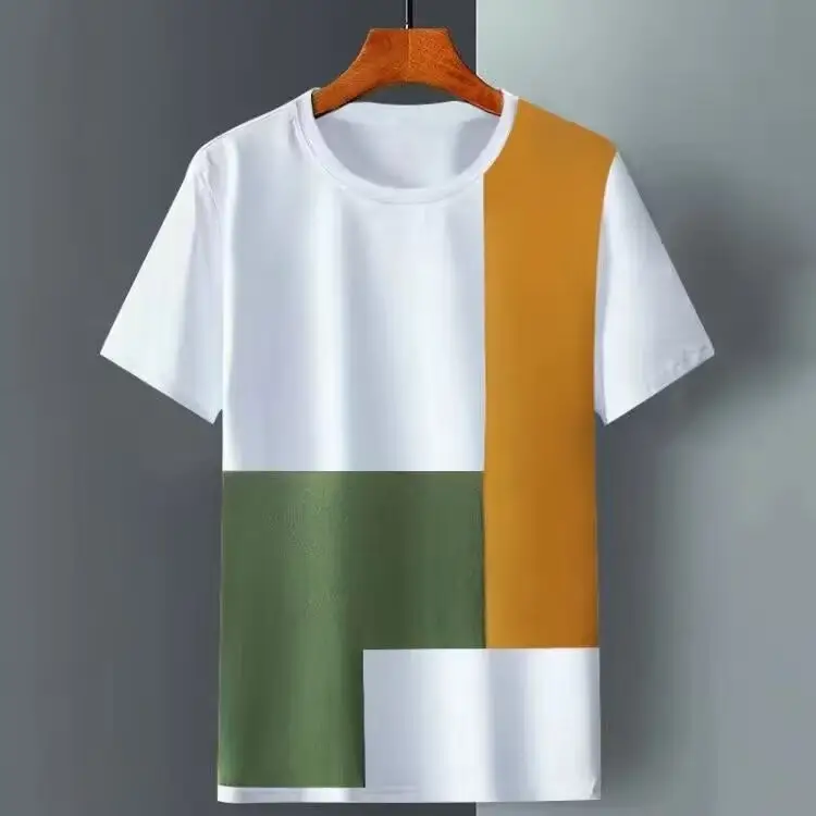 Men Ice Silk T-Shirt Black Green Orange Striped