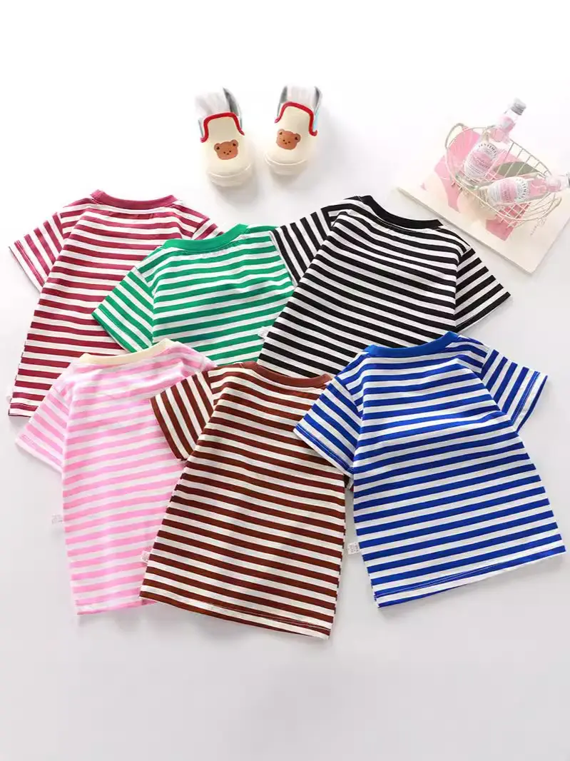 Pink Striped Cotton T-Shirt for Kids Boys Girls