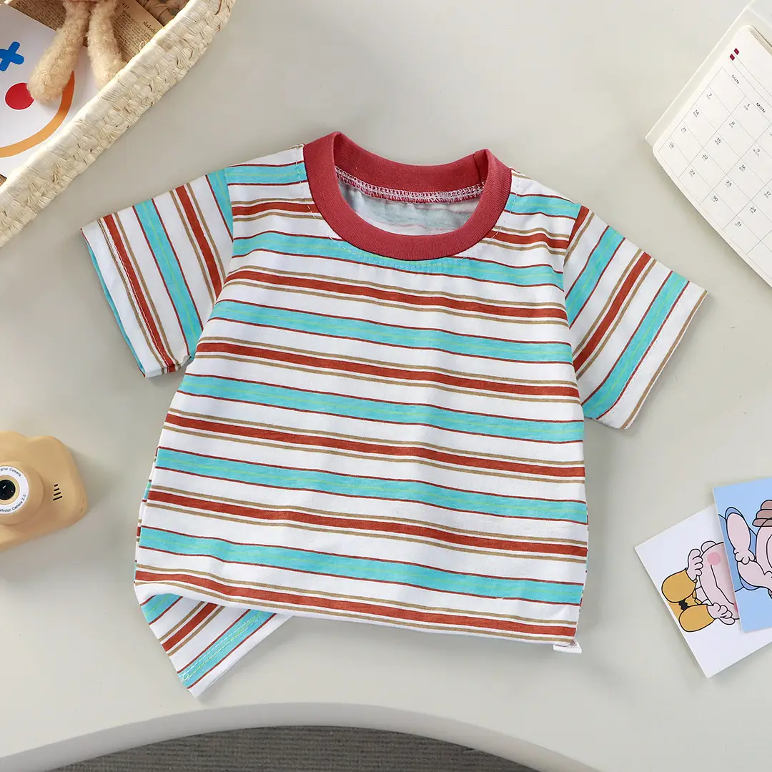 Pink Striped Cotton T-Shirt for Kids Boys Girls