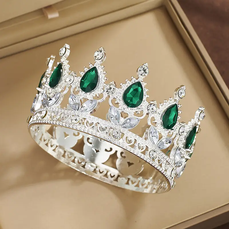 Gold Crown Tiara with Green Emerald & Crystal