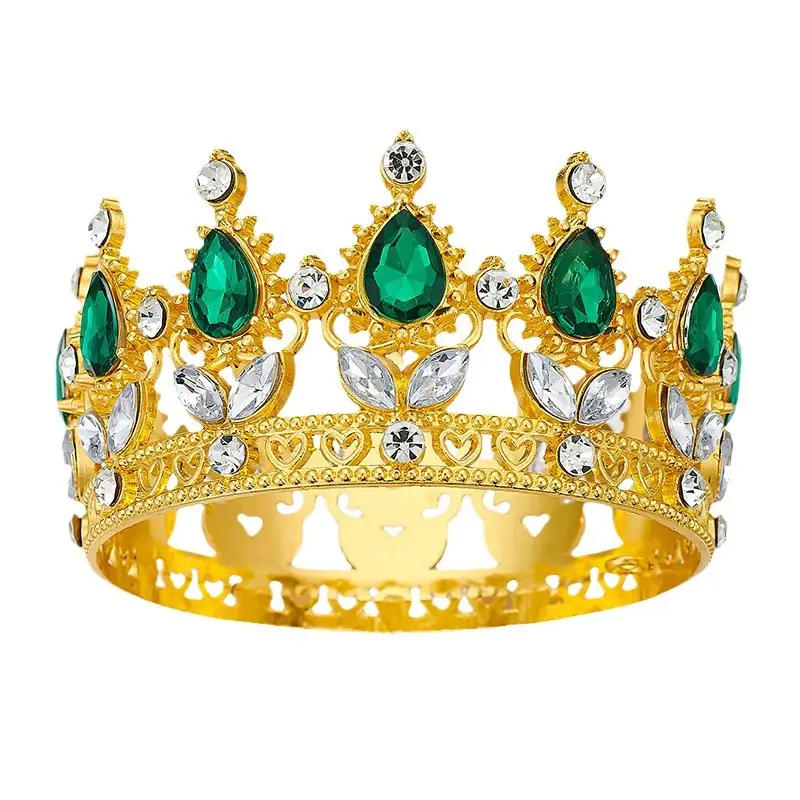 Gold Crown Tiara with Green Emerald & Crystal