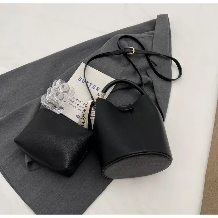 Black Leather Bucket Bag for Women Casual Shoulder Crossbody — feature 19