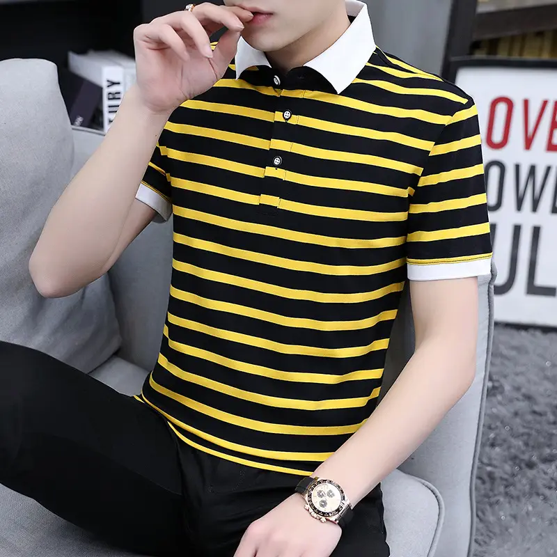 Men Striped Cotton Polo T-Shirt Summer Casual - Image 6
