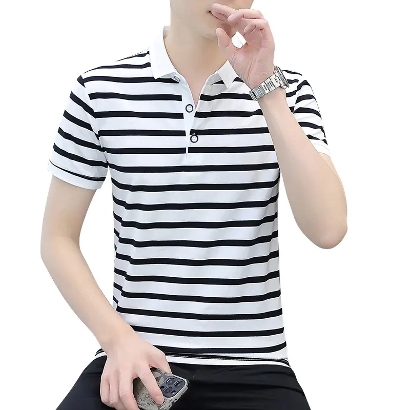 Men Striped Cotton Polo T-Shirt Summer Casual - Image 8