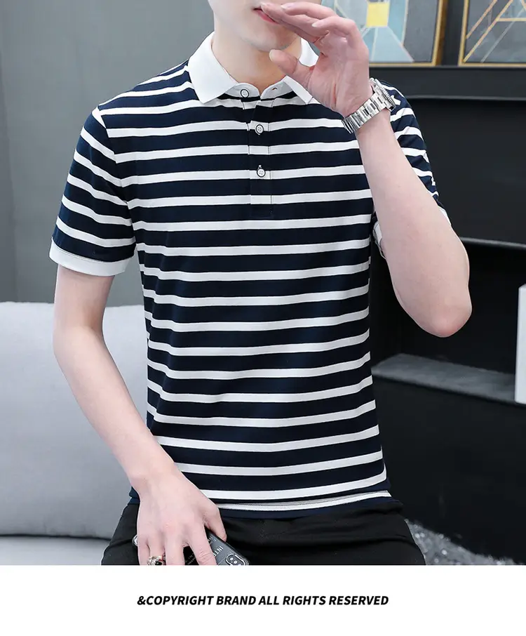 Men Striped Cotton Polo T-Shirt Summer Casual — feature 14