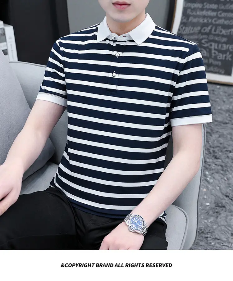 Men Striped Cotton Polo T-Shirt Summer Casual — feature 16