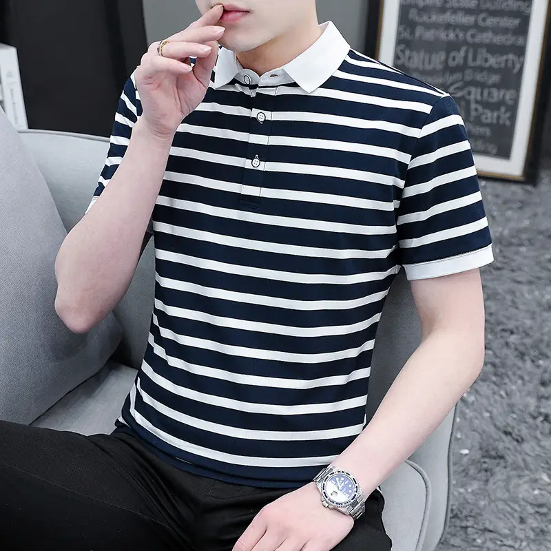 Men Striped Cotton Polo T-Shirt Summer Casual - Image 2