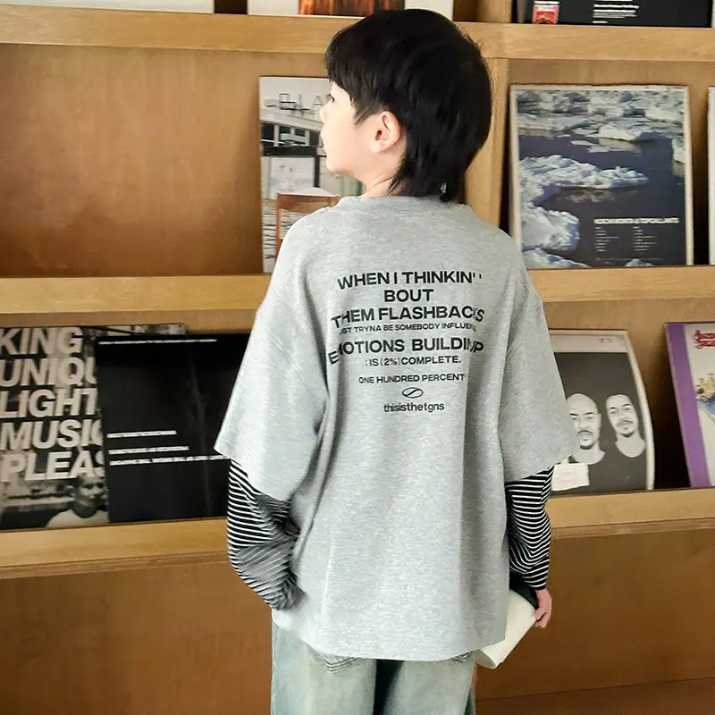 Boys Long Sleeve Fake Two-Piece T-Shirt Grey 2025 - Image 2