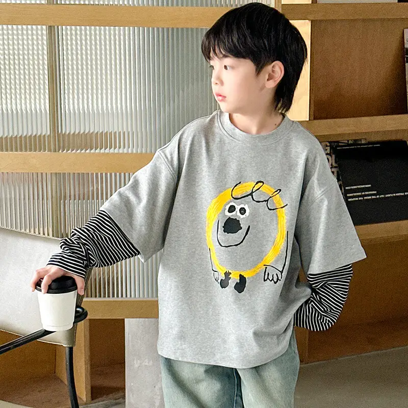Boys Long Sleeve Fake Two-Piece T-Shirt Grey 2025 - Image 3