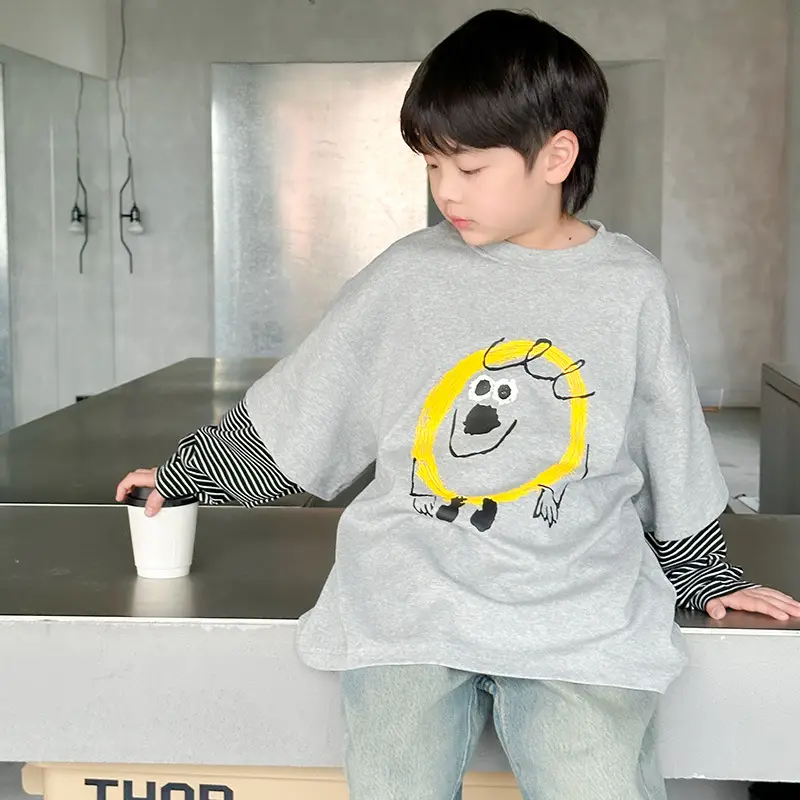 Boys Long Sleeve Fake Two-Piece T-Shirt Grey 2025 - Image 4