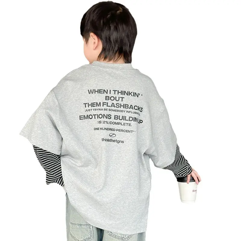 Boys Long Sleeve Fake Two-Piece T-Shirt Grey 2025 - Image 5