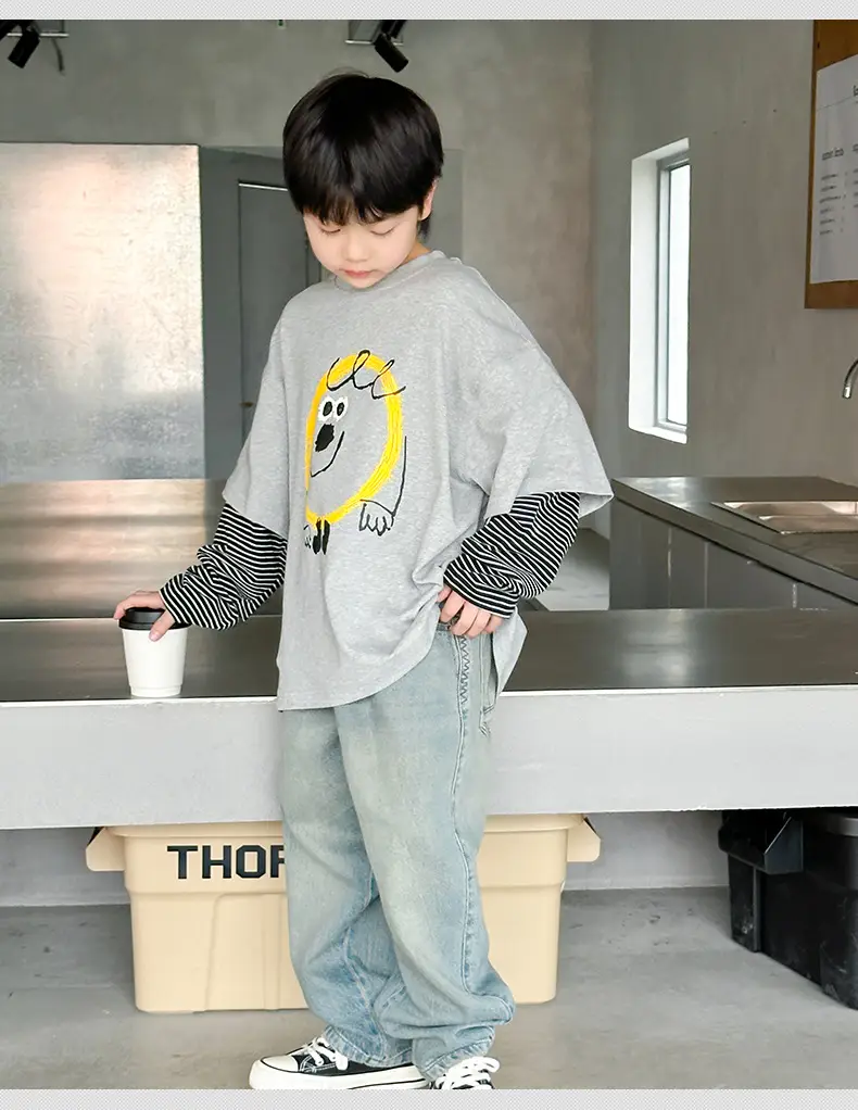 Boys Long Sleeve Fake Two-Piece T-Shirt Grey 2025 — feature 10