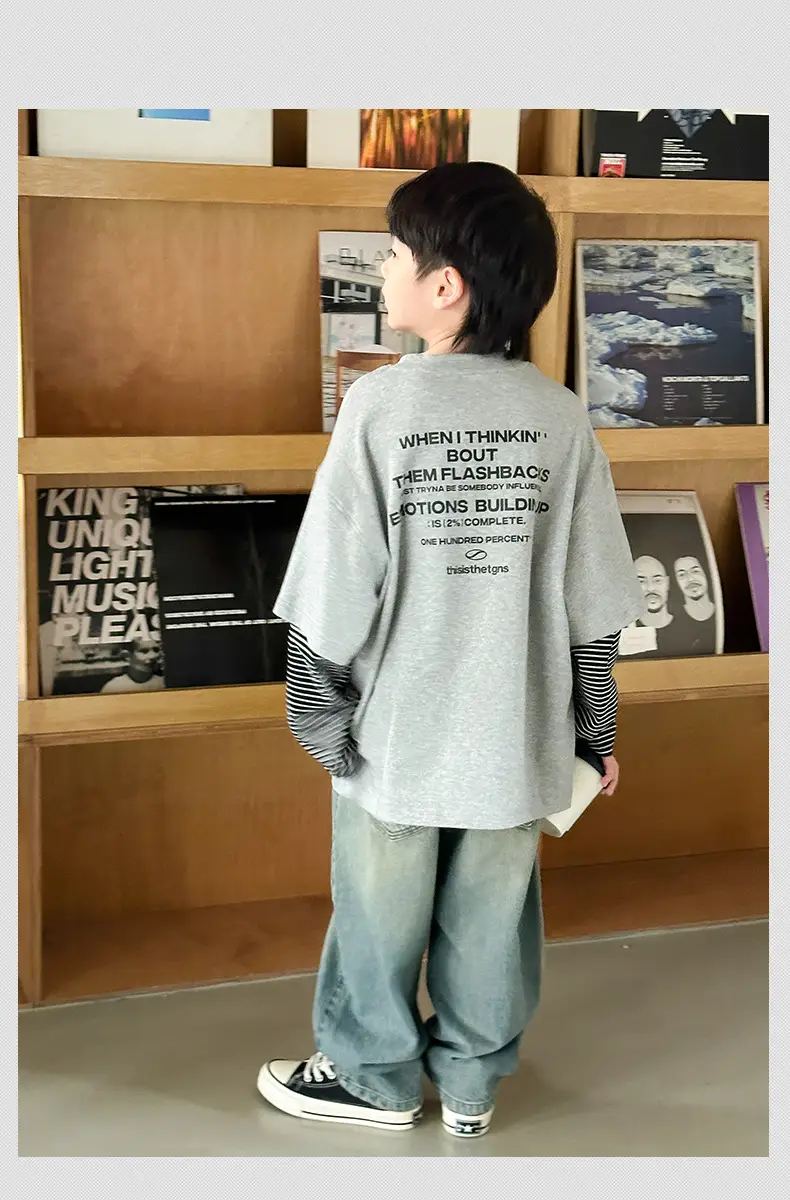 Boys Long Sleeve Fake Two-Piece T-Shirt Grey 2025 — feature 12