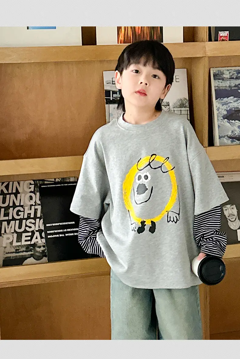 Boys Long Sleeve Fake Two-Piece T-Shirt Grey 2025 — feature 13