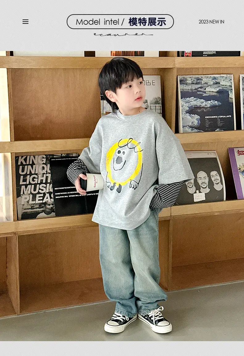 Boys Long Sleeve Fake Two-Piece T-Shirt Grey 2025 — feature 7