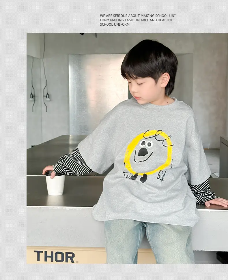 Boys Long Sleeve Fake Two-Piece T-Shirt Grey 2025 — feature 8