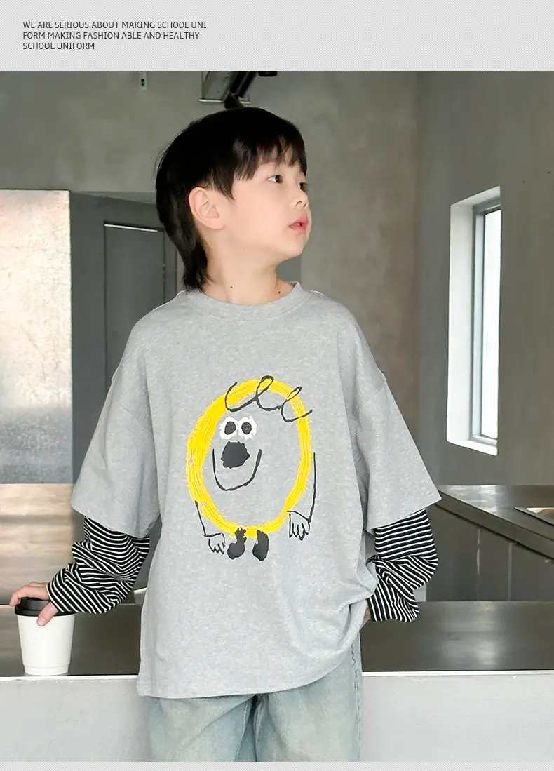 Boys Long Sleeve Fake Two-Piece T-Shirt Grey 2025 — feature 9