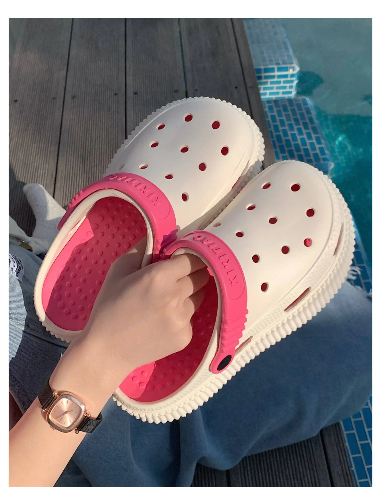 Women's White Croc Heel Sandals with Thick Platform — feature 16