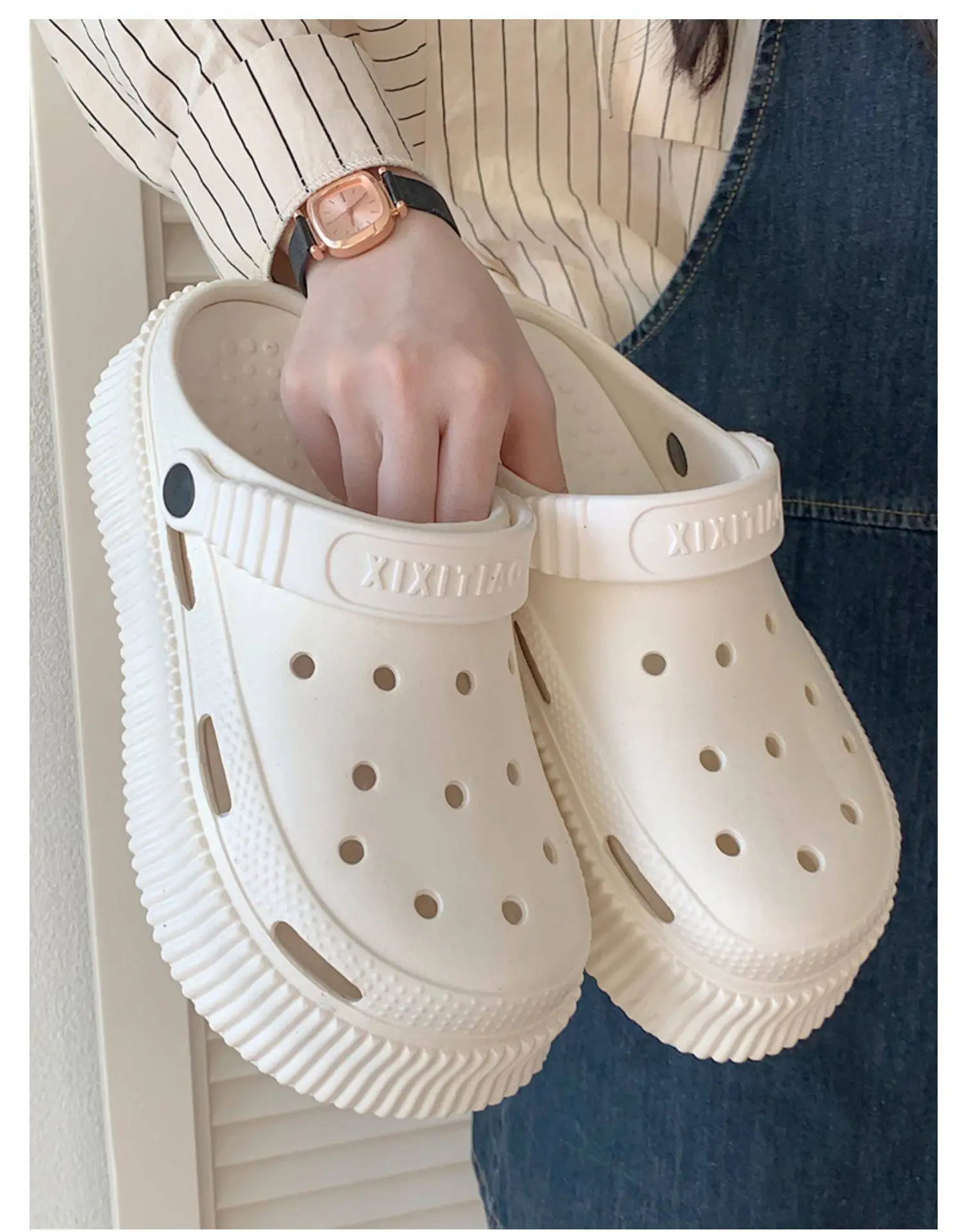Women's White Croc Heel Sandals with Thick Platform — feature 35