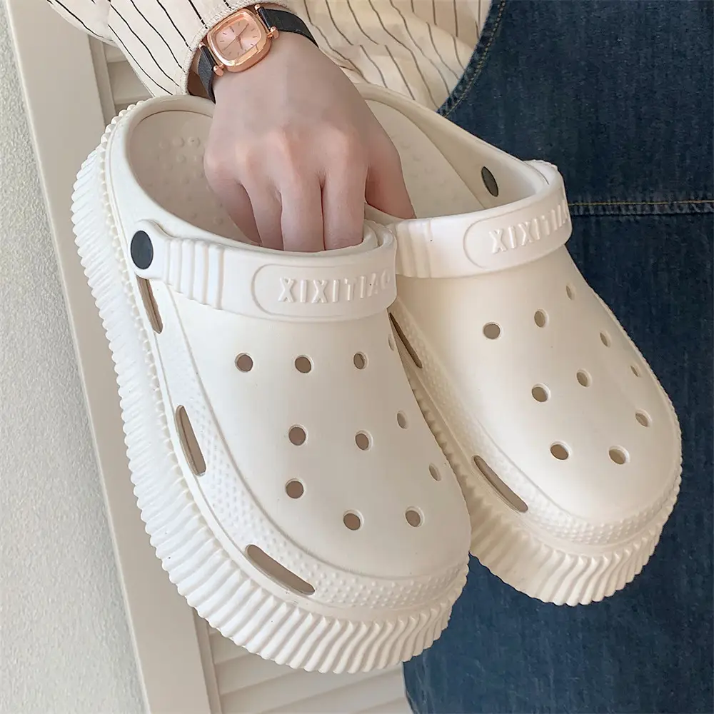 Women's White Croc Heel Sandals with Thick Platform