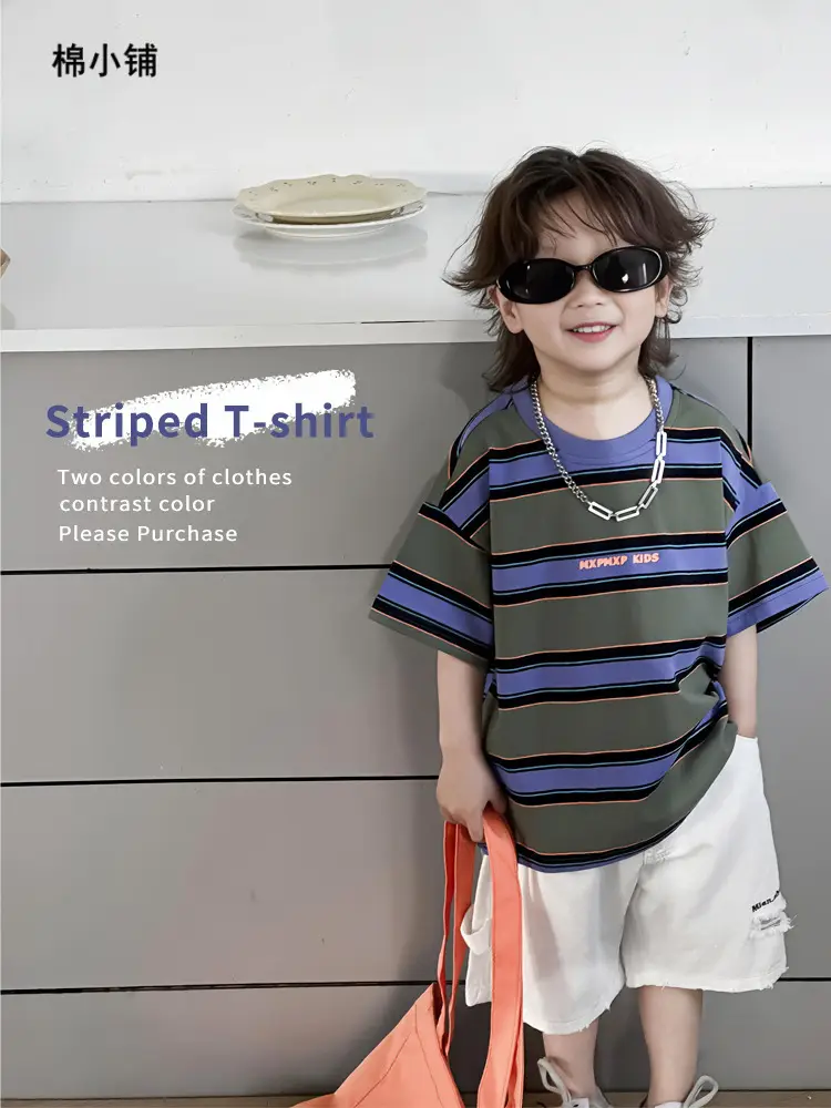 Kids Striped T-Shirt Boys Green Blue Short Sleeve - Image 3