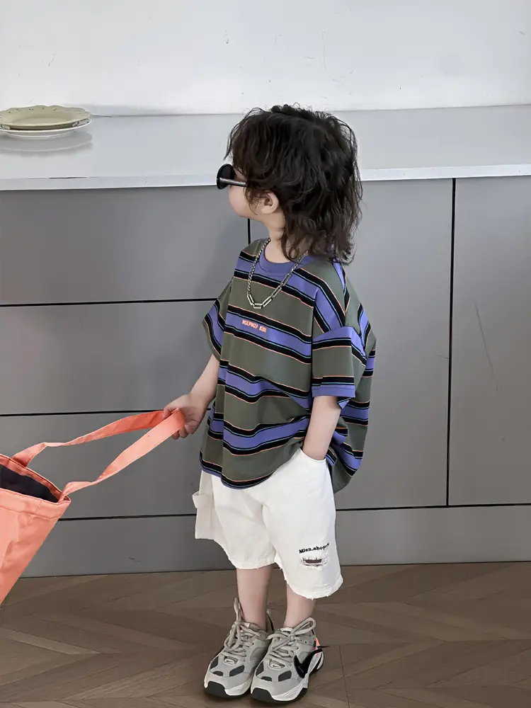 Kids Striped T-Shirt Boys Green Blue Short Sleeve - Image 4