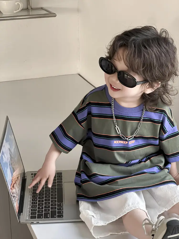 Kids Striped T-Shirt Boys Green Blue Short Sleeve - Image 5