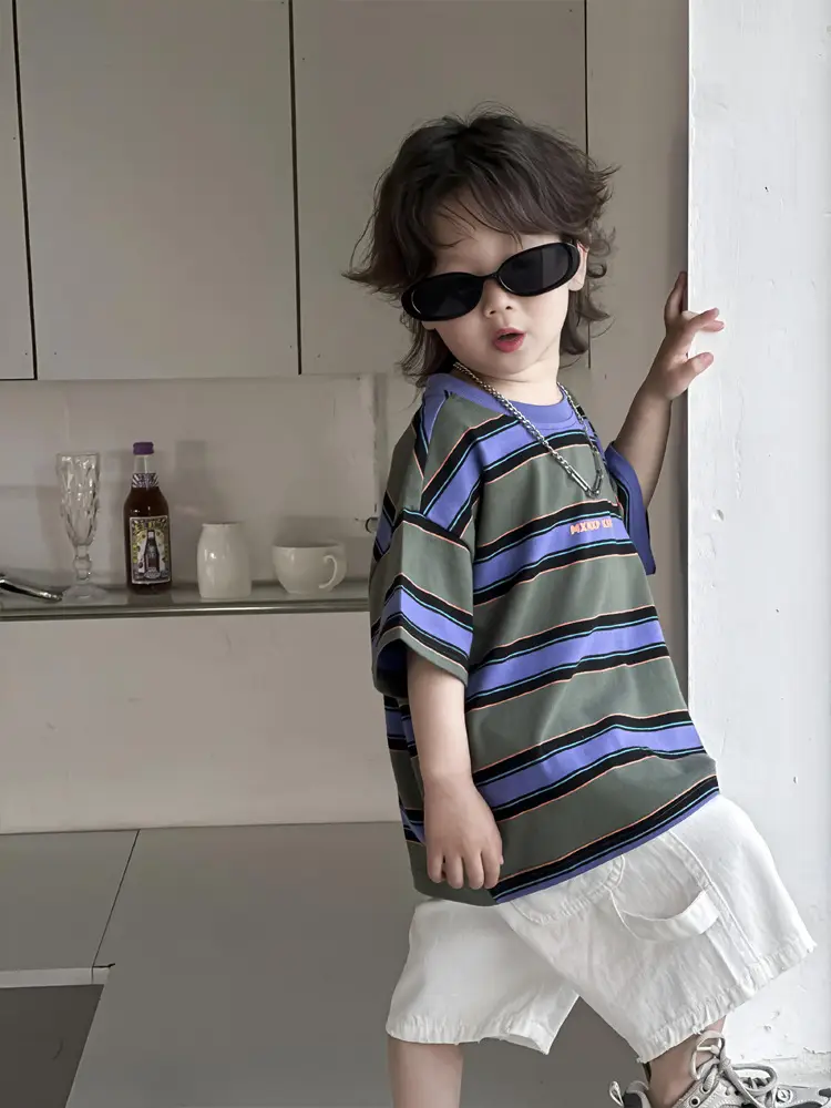 Kids Striped T-Shirt Boys Green Blue Short Sleeve - Image 6