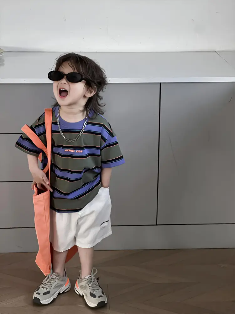 Kids Striped T-Shirt Boys Green Blue Short Sleeve - Image 7