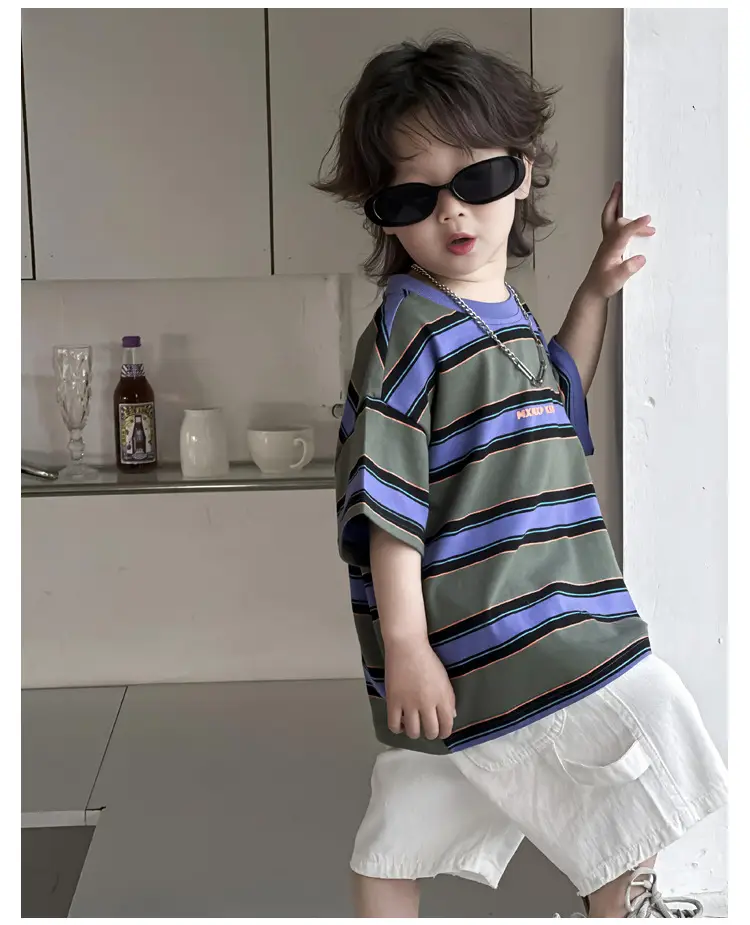 Kids Striped T-Shirt Boys Green Blue Short Sleeve — feature 12